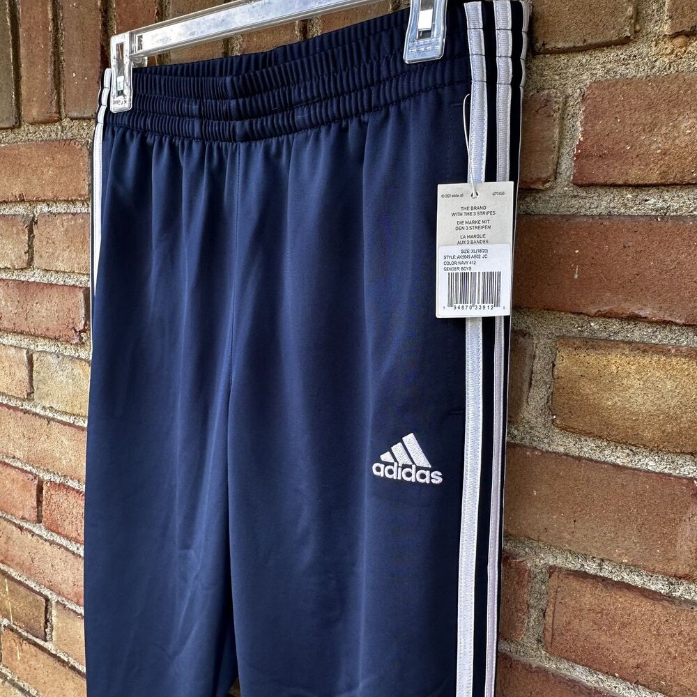NEW Adidas Iconic Tricot Jogger Track Pants Boys XL 18/20 Navy Blue 3 Stripe